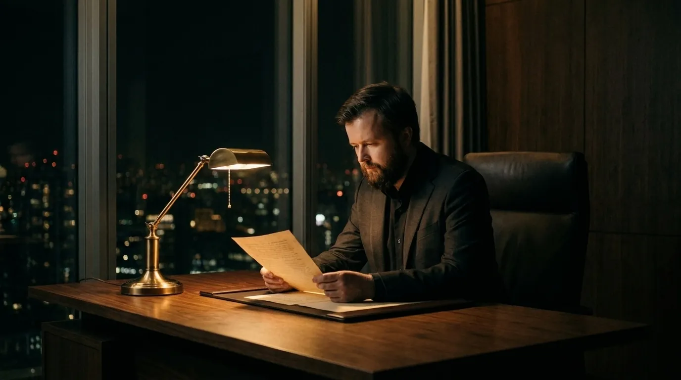 Michael Rebel reviewing documents at a desk in the evening.