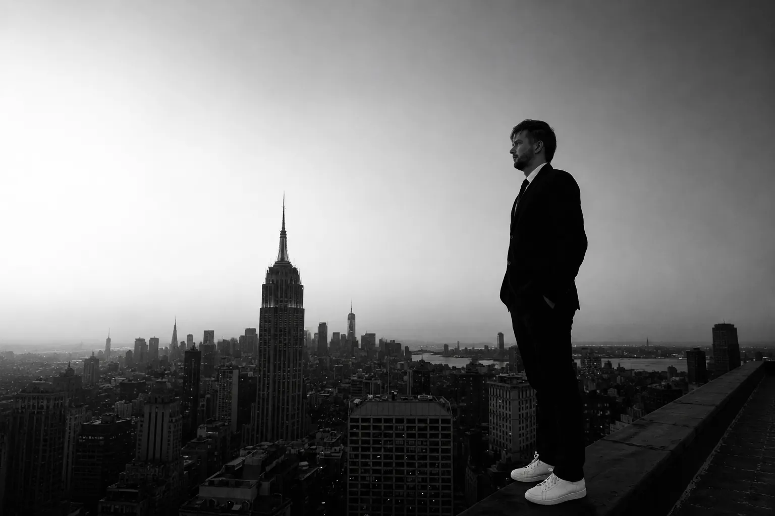 Michael Rebel overlooking the Manhattan skyline from a rooftop.